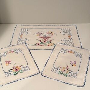 Vintage Hand-Embroidered Floral dresser Set with Butterflies - Cream & Pastel